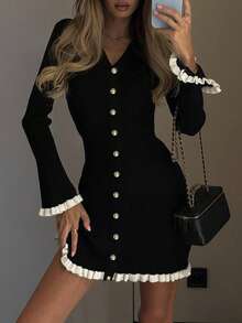 Gaun Sweater Mini Rajut Hitam Wanita, Kancing Emas, Lengan Panjang Berkerut, Potongan Ramping, Pakaian Musim Gugur - Hitam - View 3