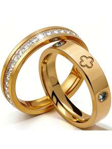 1pc Luxury Stainless Steel Clover Couple Ring With Inlaid Diamonds, Elegant Jewelry For Wedding And Daily Wear - Gold - View 32