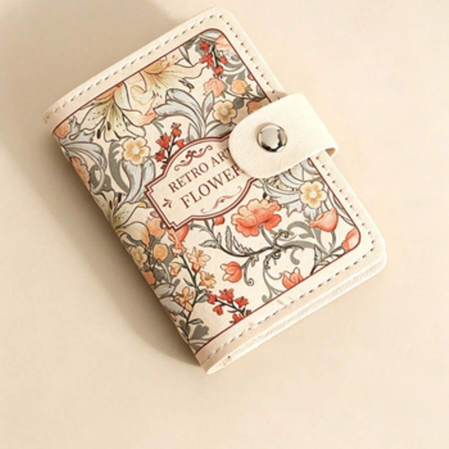 Vintage Oil Painting Floral Card Holder, PU Leather Button Closure, RFID Blocking Multi-Slot Card Wallet, Passport And Document Travel Organizer - Multicolor - View 1
