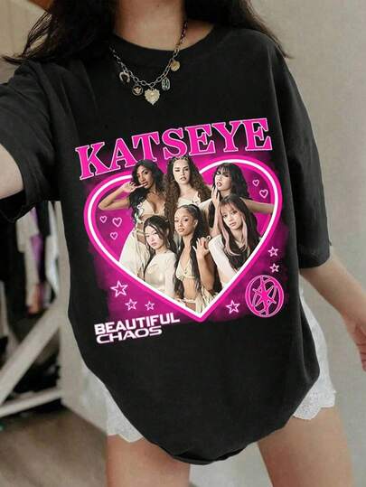 Kids Girls 100% Cotton Katseye Band Portrait Print Short Sleeve T-Shirt, Crew Neck Casual Summer Tee, Soft Breathable Fan Merch Top,