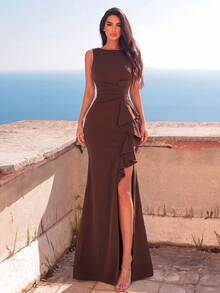 Faeriesty Women's Elegant Sleeveless Round Neck Ruffle Hem Slit Maxi Dress, Luxurious Formal Evening Gown Party Brown Wedding Fall - Brown - View 1