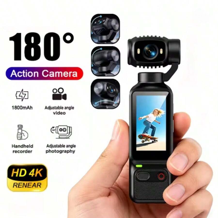 كاميرا جيب لالتقاط الفيديو بدقة 4K Ultra HD - بطارية 1800mAh، شاشة دوارة 180 درجة بحجم 1.97 بوصة، وظيفة كاميرا الويب، شحن USB-C، تتضمن بطاقة ذاكرة 32G، كاميرا صوتية بصرية مدمجة صغيرة، مناسبة للأنشطة الخارجية والدراجات والسفر