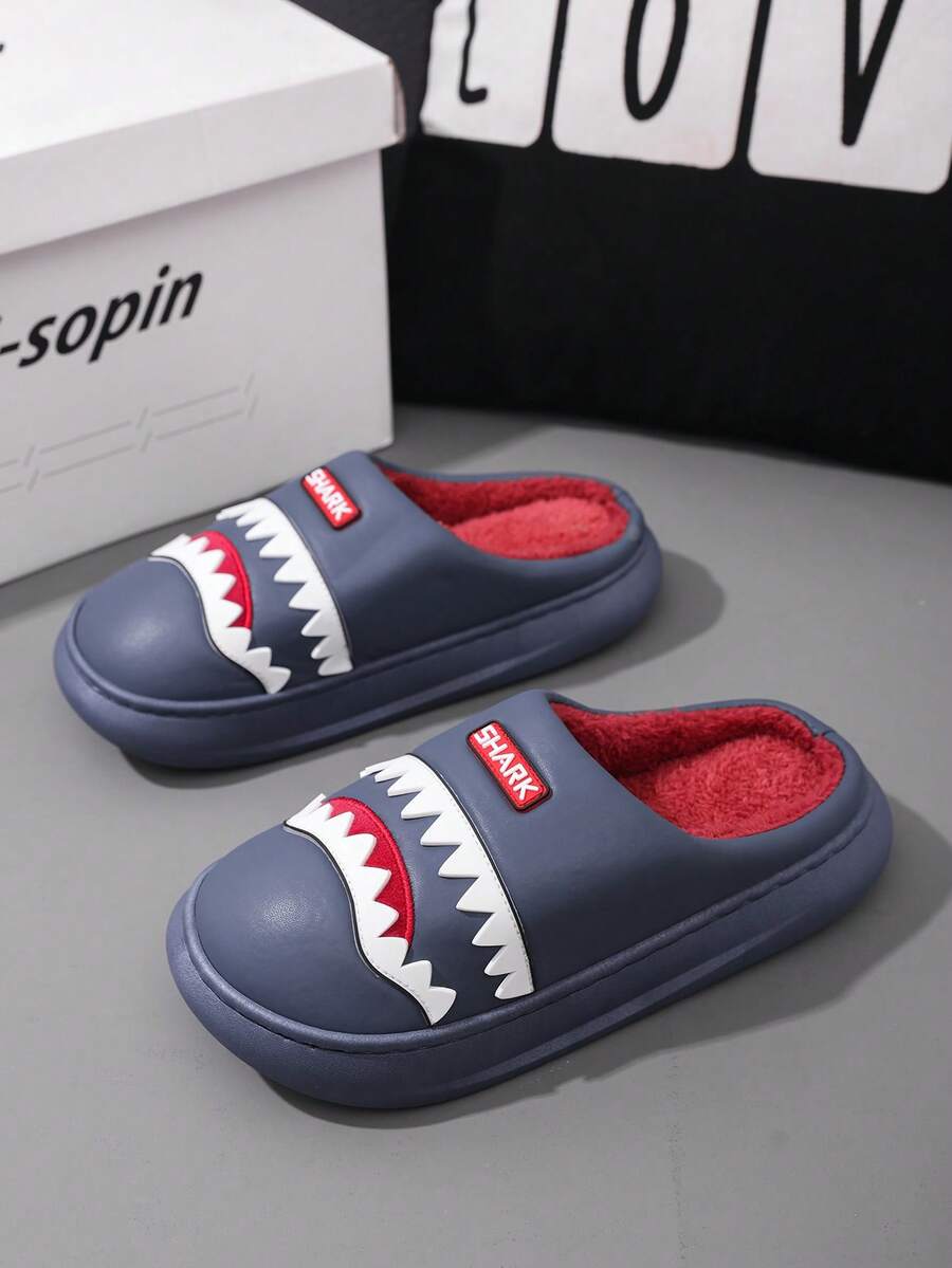 Men's Shark Design Funny Winter Indoor Slippers, PU Leather Thick Sole Warm Dorm Slippers - Navy Blue - View 1