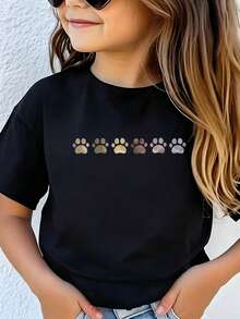 A Customized Cotton Top, Spring And Summer Round Neck Short Sleeved T-Shirt, Cartoon Floral Print, Suitable For Girls' Leisure, Vacation, Daily Life, - Black - View 2
