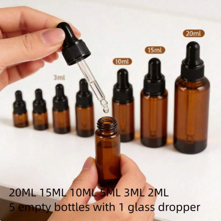 1件/5件裝 1ml 2ml 3ml 5ml 10ml 15ml 20ml 棕色琥珀玻璃可重複填充滴管瓶，精油填充工具，精確劑量控制，防光空瓶，旅行便攜，噴霧瓶，迷你香水