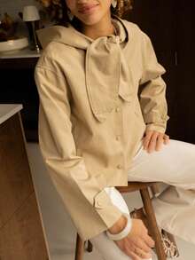 Beige Casual Hooded Jacket With Bow Decor On Chest, Versatile Loose Fit, Suitable For Daily And Weekend Wear - Light Khaki - View 3