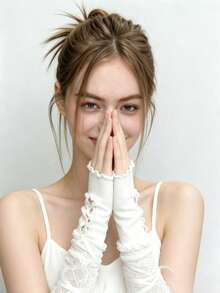 1 Pair White Lace Ribbon Fingerless Wrist Cuffs, Ruffle Hollow Sleeve Cuffs, Suitable For Wedding, Lolita, Cosplay, Party, Women's Daily Fashion Outfit Accessory - A - View 3