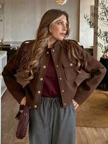 Women's Elegant Solid Color Vintage Old Money Style Minimalist Front Button Pocket Design Wool Coat, Suitable For Daily Wear, Dating, Commuting, Business, Tea Party, Banquet, Autumn/Winter - Coffee Brown - View 1