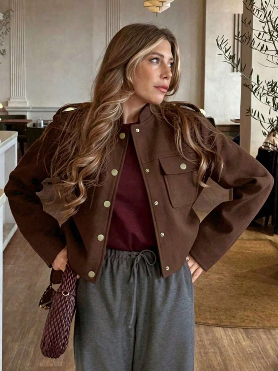 Women's Elegant Solid Color Vintage Old Money Style Minimalist Front Button Pocket Design Wool Coat, Suitable For Daily Wear, Dating, Commuting, Business, Tea Party, Banquet, Autumn/Winter - Coffee Brown - View 1