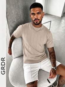 Suéter de punto de manga corta con costillas de unicolor para hombre GRDR, deportivo y casual, adecuado para actividades al aire libre - Albaricoque - Ver 4