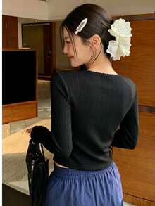 黑色針織薄款女式 INS 上衣 夏季防曬短款外套 空調防冷罩衫 秋季 - 黑色 - 查看 9