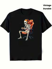 Vintage Halloween Funny Skeleton Gaming T-ShirtCasual Round Neck Tee for S & S - Durable Spring Summer Holiday Apparel Clothing, Best Gift for - Schwarz - Übersicht 1