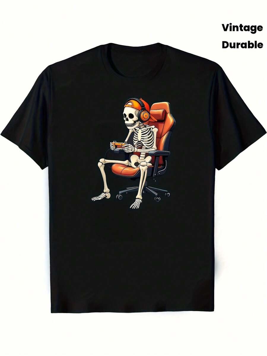 Vintage Halloween Funny Skeleton Gaming T-ShirtCasual Round Neck Tee for S & S - Durable Spring Summer Holiday Apparel Clothing, Best Gift for - Schwarz - Übersicht 1