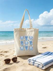 Shell Blue Floral Sweet Style Printed Tote Bag, Lightweight Foldable Shopping Bag, Suitable For Shopping And Daily Activities - Multicolor - View 5