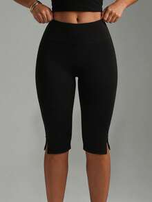 Quần short Bermuda ôm dáng co giãn màu trơn xẻ gấu đa năng mới - màu đen - Xem 5