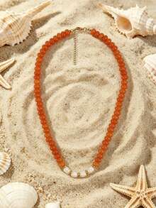 1 pieza Collar de cuentas de piedra natural geométrica redonda plana estilo bohemio europeo & americano con perla de agua dulce, accesorios de acero inoxidable, para mujeres, verano playa vacaciones - Collar de perlas y cuentas hecho a mano - Ver 13