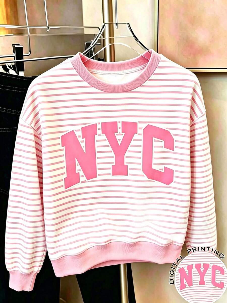 Tween Girl Letter Print Crew Neck Long Sleeve Sweatshirt - Pink - View 1