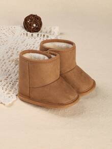 1 Pair Newborn Infant Solid Color Thermal Lined Cute Casual Snow Boots Suitable For Indoor And Outdoor Winter - Khaki - View 3