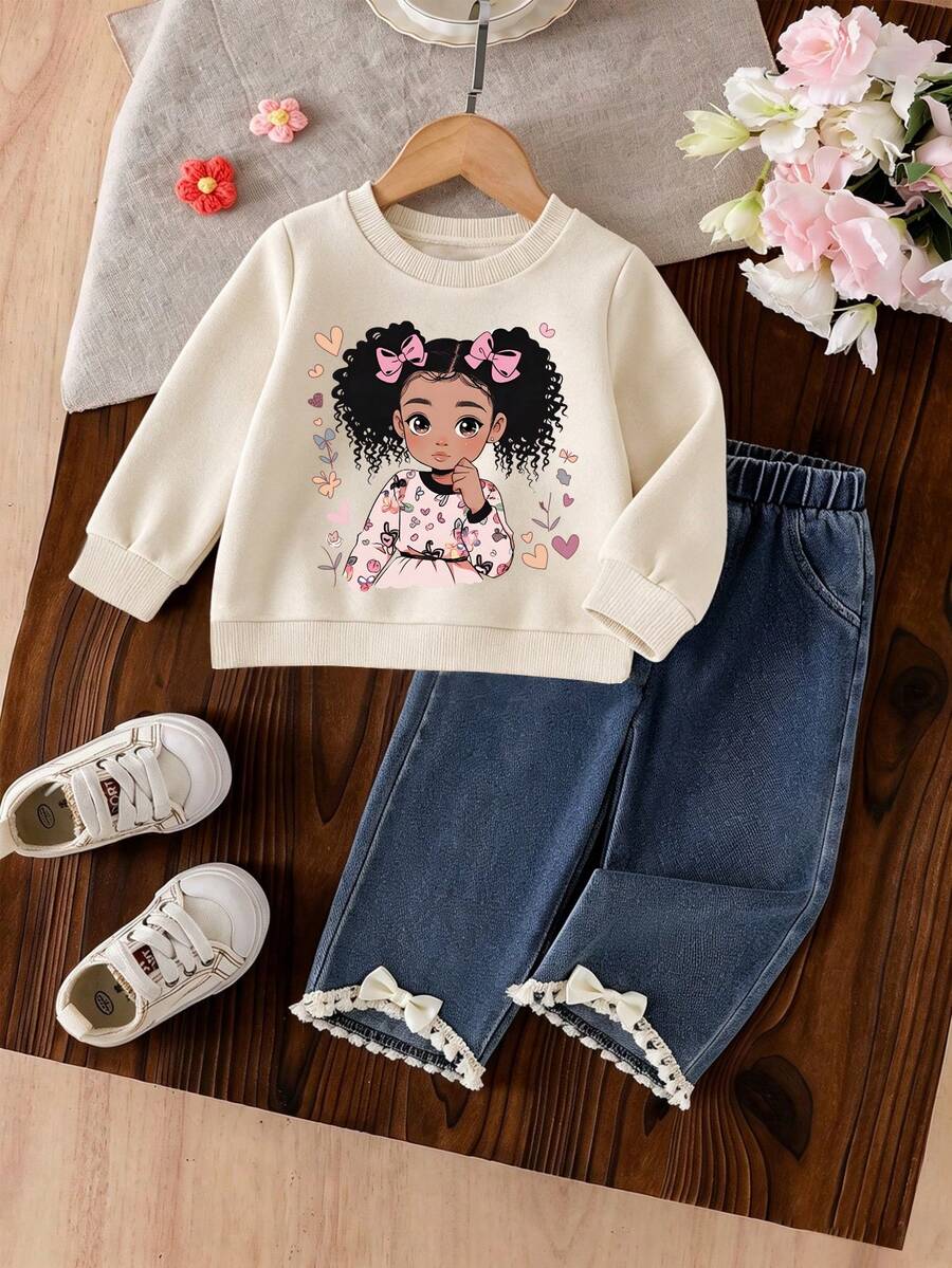 Baby Girl Cartoon Pattern Crew Neck Long Sleeve Warm Sweatshirt And Denim Jeans - Apricot - View 1
