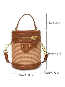 Vintage French Style Cylinder Handbag Summer New Artificial Leather Patchwork Mini Bucket Bag Niche Shiny Patent Leather Trim Dual Zipper Design With Metal Rivet Nameplate Decoration Short Handle Detachable Long Shoulder Strap Hand-Carry Crossbody Dual-Use Women's Bag Vacation Travel Beach Commute Versatile Exquisite Petite Lightweight Woven Bucket Bag - Brown - View 10