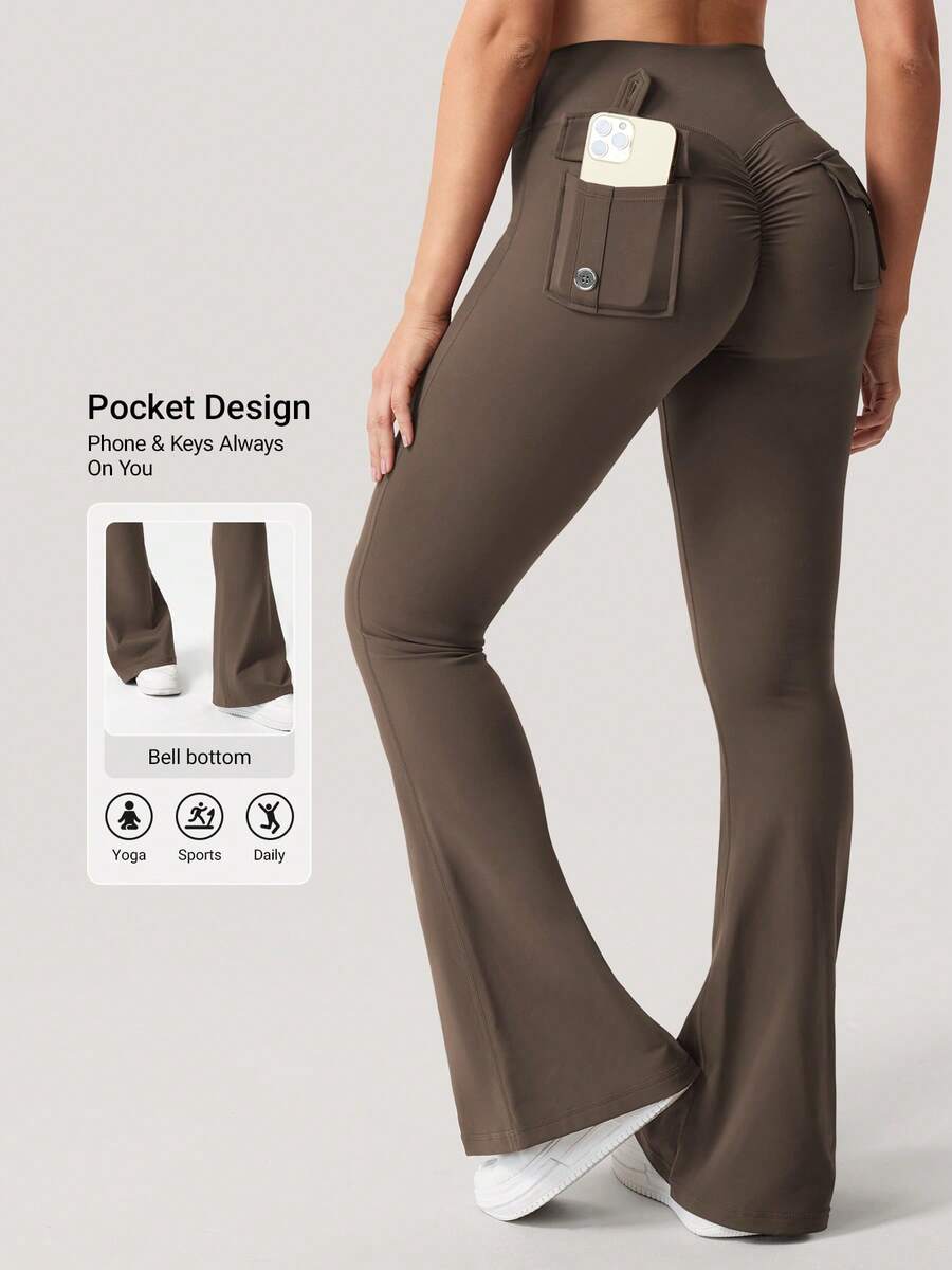 YEOREO Flare Leggings With Pockets For Women Butt Lifting Gym Yoga Leggings Winter Leggings 31.5"Black Leggings No Front Seam Flare Leggings - 咖啡棕 - 查看 1