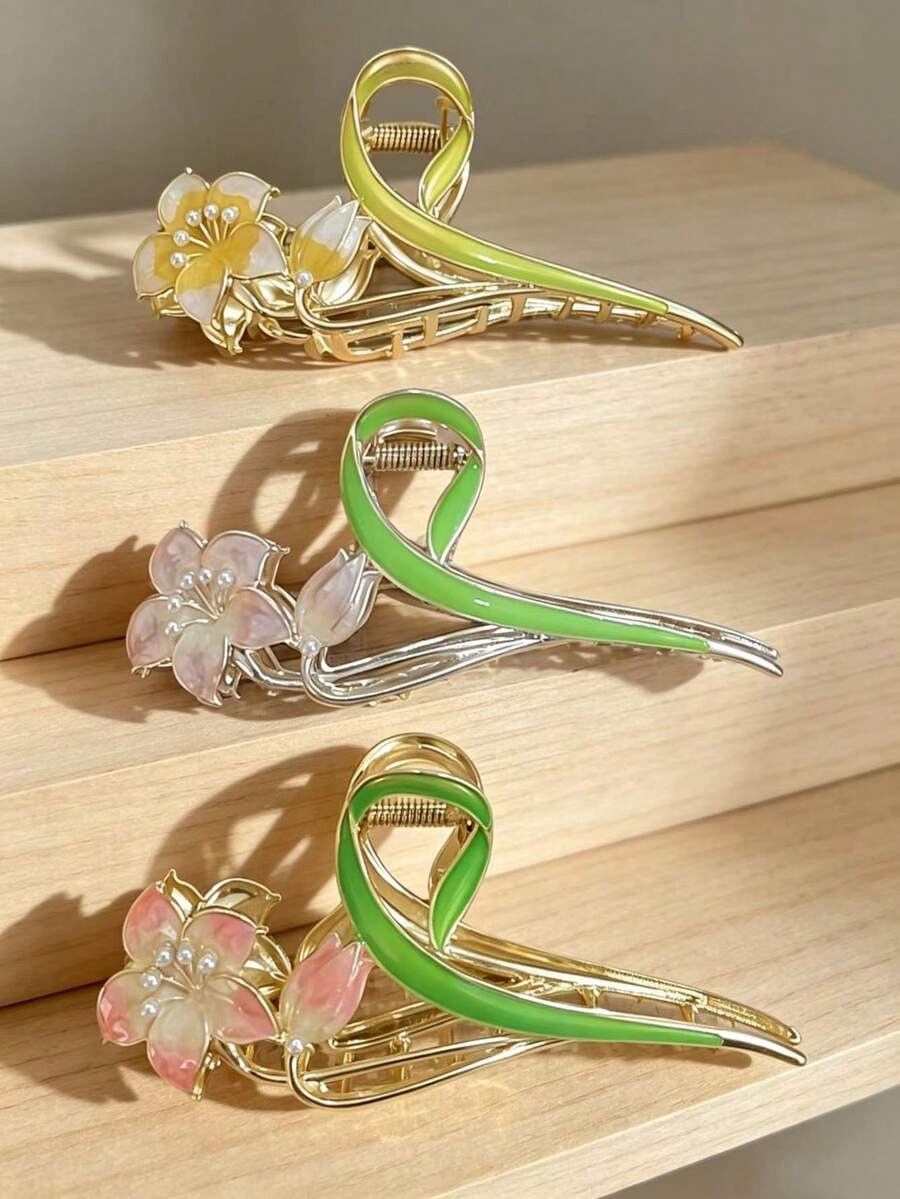 1pc Oil Drop Gardenia Flower Hair Claw Clip, Exquisite Premium Sweet Girl Style Hair Accessory Hair Claw - Purple - View 1