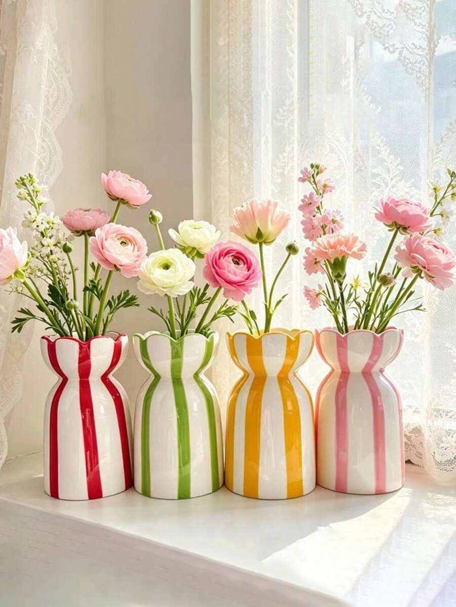 1pc Classic Hand-Painted Striped Ceramic Vase, Modern Minimalist Ins Style Creative Hand-Painted Flower Arrangement Decor, Multi-Functional Decorative Ornament For Living Room, Entryway, Office, Atmosphere Photography Prop - Multicolor - View 1