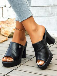 WTKMRSSTEP Fashion Rhinestone Letter Thick Sole Chunky Heel Sandals Women Summer Outdoor Wear High Heel Open Toe Mule Slippers Versatile Commute - Black - View 5
