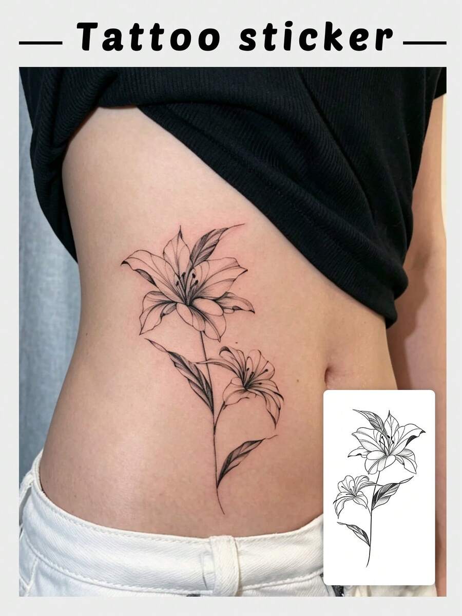 1片黑色細線垂直雙百合花莖紋身貼,極簡柔和復古線條藝術風,側腰肋骨身體裝飾,女款日常休閒百搭,防汗逼真假紋身,Ins熱門臨時紋身貼紙 - 黑色 - 查看 1