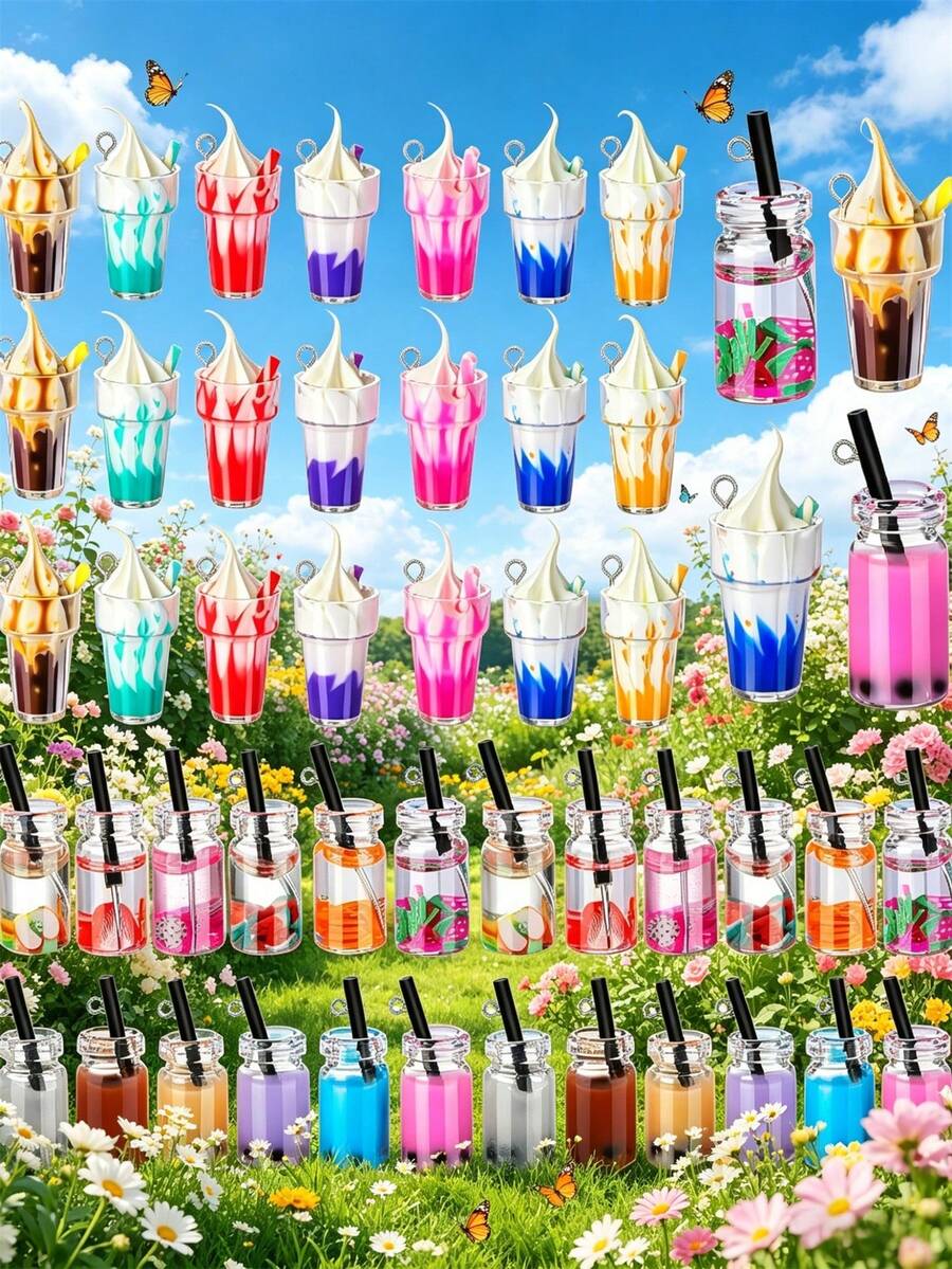 10/20/30/50/100 pièces Ensemble de fournitures de bijoux multicolores et vibrants pour crème glacée et bubble tea - Pendentifs en résine colorés, convenant pour la création de bijoux, porte-clés et artisanat - Designs durables et accrocheurs, accessoires pour colliers, boucles d'oreilles, cadeaux, confection de bijoux - Pendentif bouteille - Voir 1