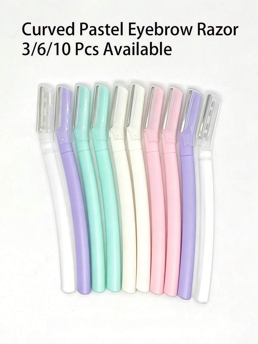 3/6/10pcs Curved Pastel Color Protective Cap Sharp Blade Precision Eyebrow Shaper Facial Hair Remover Non-Slip Handle Portable Multi-Color Gift Style Student Dorm Home Daily Makeup Grooming Accessory Back To School Skin-Friendly Affordable