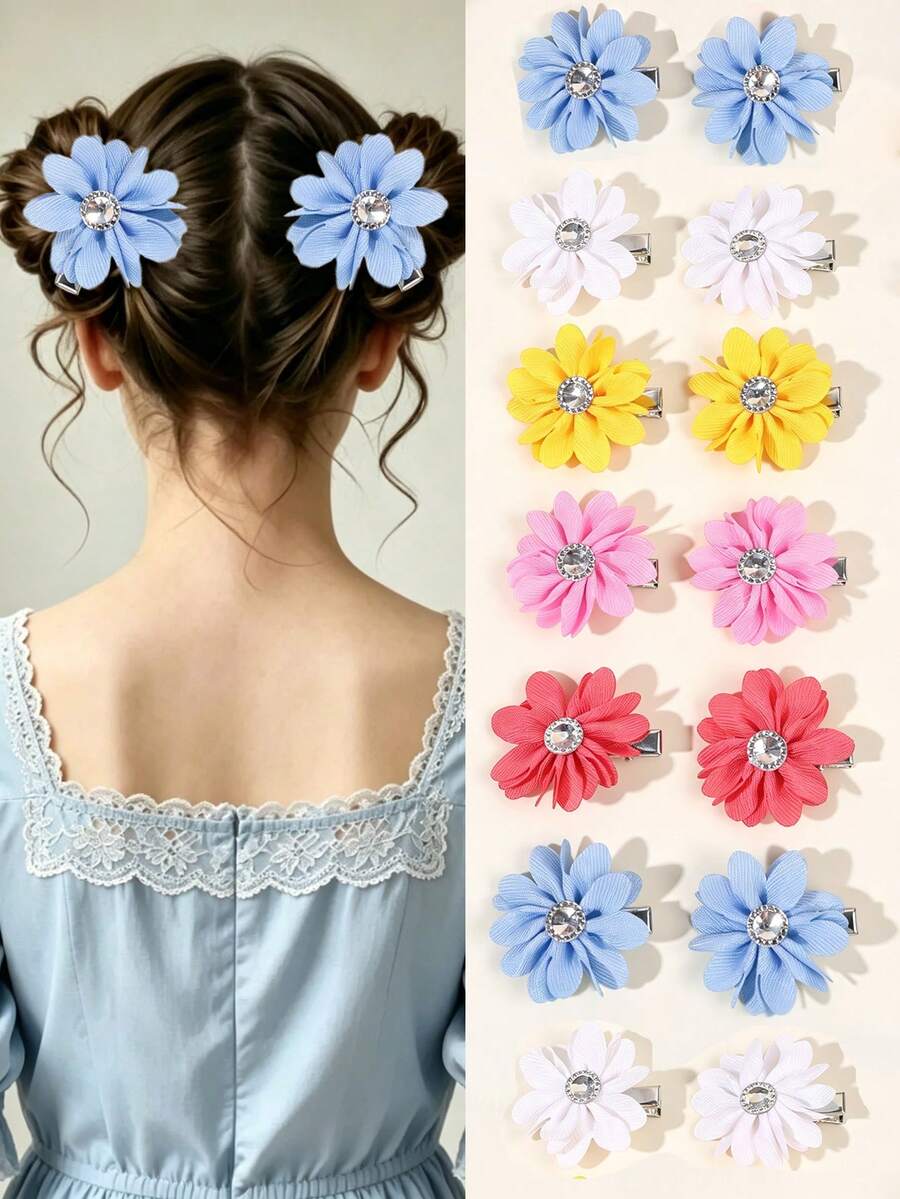10pcs Cute Floral Hair Clips, Multi-Color Rhinestone Petal Fabric Flower Hair Clips, Alligator Clips, Cute Hair Accessories Gift For Girls And Teens Daily Wear - Multicolor - View 1