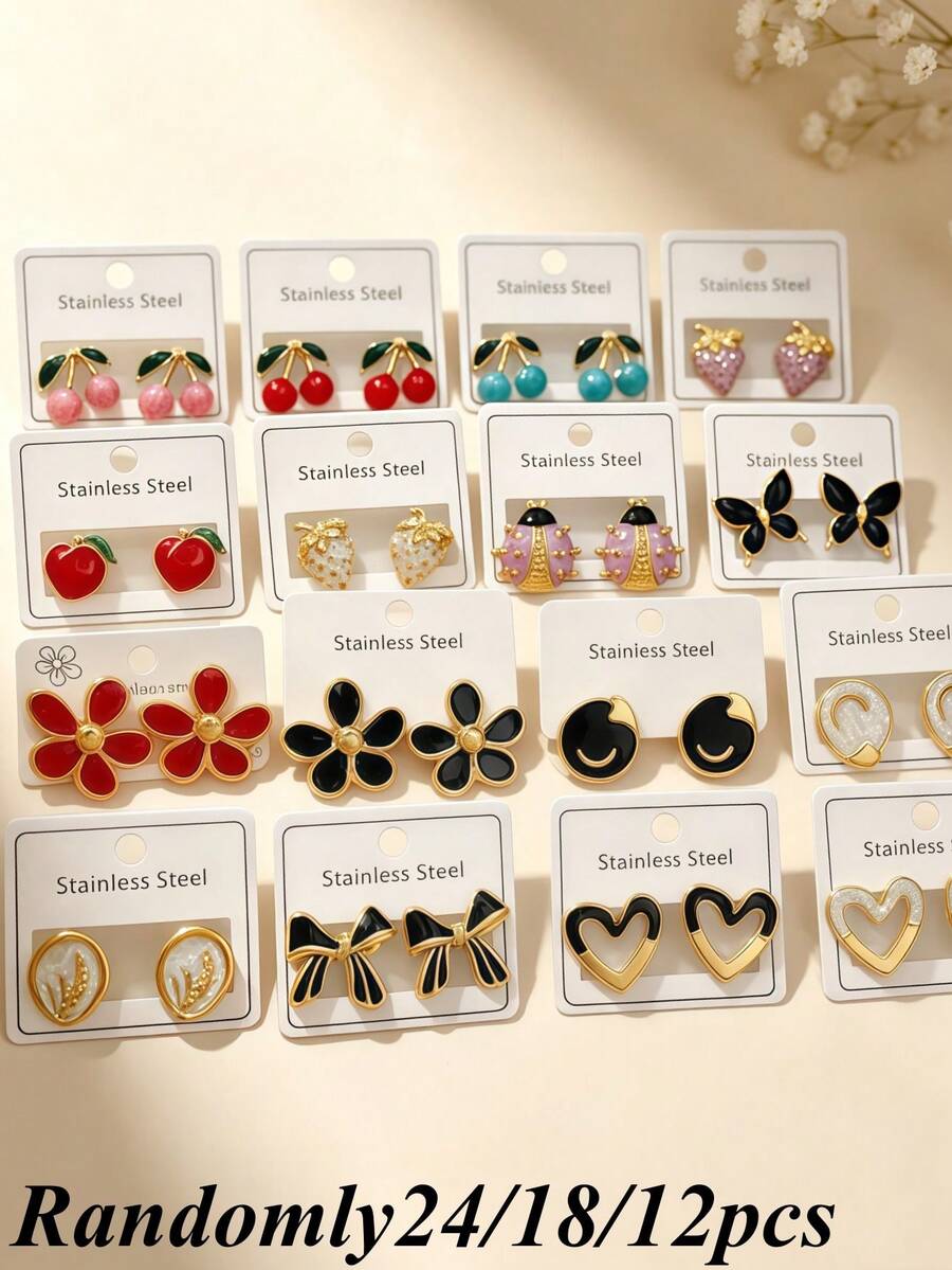 24/18/12pcs Elegant Stainless Steel Enamel Drip Earrings, Stainless Steel Material, Styles Include Fruit, Heart, Flower And Heart Designs. Elegant Daily Wear Earrings, Ideal Valentine's Day Gift. Suitable For Girlfriend, Suitable For Any Occasion (Randomly Shipped) - Oil Dripping Kit - View 1