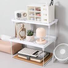 3/2-Tier Stackable Desktop Organizer Shelf, Back To School Supplies, Space-Saving Foldable Desktop Storage Rack For Office Dorm Vanity, Cabinet Organizer Shelf, Multi-Function Tabletop Storage Rack, White Leakage Shelf For Placing Cups - Multicolor - View 5