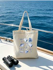 Shell Blue Floral Sweet Style Printed Tote Bag, Lightweight Foldable Shopping Bag, Suitable For Shopping And Daily Activities - Multicolor - View 6