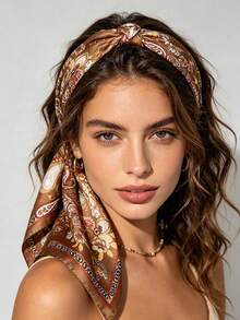 1pc 65*65cm Coffee Brown Ornate Full Floral Paisley Print Satin Imitation Silk Scarf Thin Multi-Use Scarf For Neck/Shawl/Waist All Seasons Daily Party - Multicolor - View 2