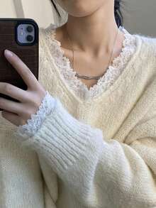 [Top]BuyK Lace Trim V-Neck Knit Sweater, Spring/Autumn Loose Plus Size Comfortable Long Sleeve Pullover, Casual Fashion Versatile All-Season Daily Wear Top - Apricot - View 3