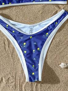 Lemon Breeze 2-Piece Bikini Set - Sexy Navy Blue Swimwear With Citrus Print And White Trim, Suitable For Beach And Pool Vacation Summer - Blue - View 5