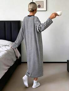 女款條紋印花休閒舒適長袖洋裝，柔軟舒適居家服洋裝，適合秋冬穿著 - 彩色 - 查看 2