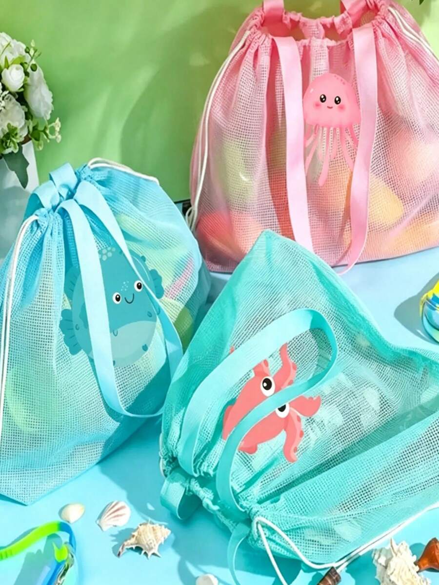 A Handheld Beach Storage Bag With A Cute Jellyfish, Seahorse, And Pufferfish Pattern, Toiletry Bag,Suitable For Storing Various Items