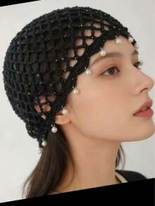 1pc Beach Casual Elegant Solid Color Faux Pearl Tassel Hollow Knit Sun Hat - Multicolor - View 15