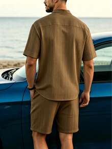 Conjunto de Camisa e Shorts Masculino JINYA para Verão, Estilo Mediterrâneo de Férias, Minimalista, Casual, Maduro, Vintage, Versátil, para Praia, Casa e Escritório - Multicolorido - Visão 2