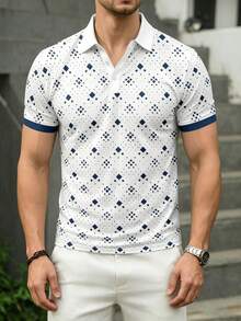 男士休閒短袖翻領 Polo 衫，幾何菱形印花 - 彩色 - 查看 4