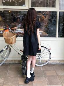 Peter Pan Collar Ruffle Petal Sleeve Preppy Doll Blouse Black Summer - Black - View 3