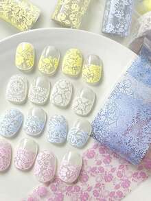 Beautizon Nailartlab 10片法式溫柔蕾絲花卉美甲轉印紙，馬卡龍淡粉黃藍白鏤空透視小碎花超薄轉印箔 DIY仙女婚禮美甲貼紙美甲用品 - 彩色 - 查看 2