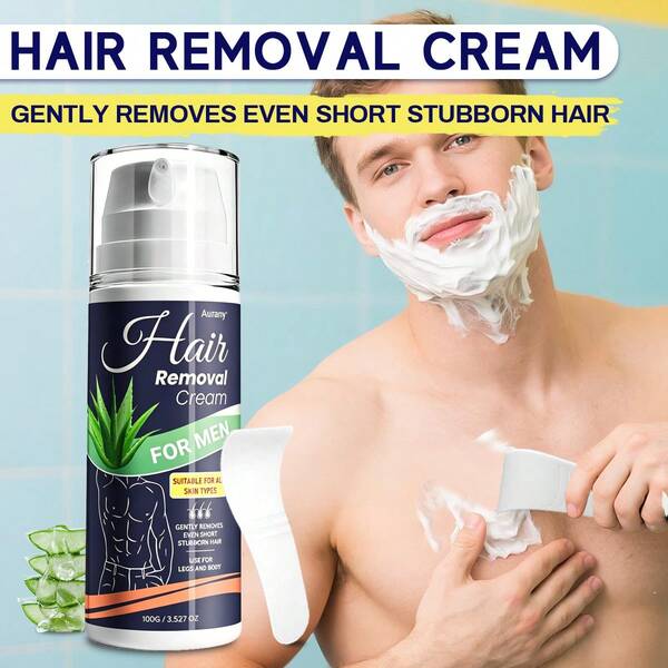 AURANY Crema depilatoria para hombres, fórmula depilatoria suave, elimina el vello de las piernas, brazos y pecho sin dolor, piel suave y rápida, rutina de aseo diario, usar en piernas, axilas y Body para todo tipo de piel, amigable con pieles sensibles, 100G