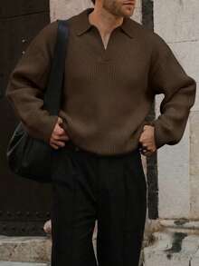 Jersey de cuello de polo acanalado para hombre, jersey holgado informal de punto, adecuado para otoño e invierno, top de manga larga - Marrón - Ver 2