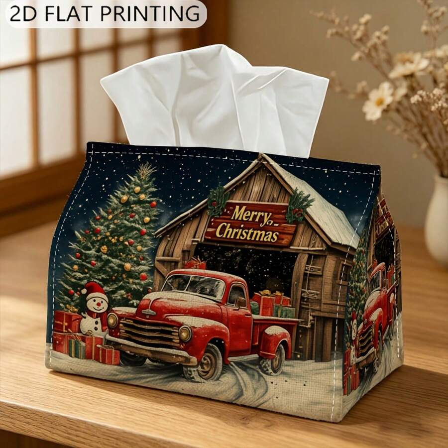 1pc 2D Flat Printed Tissue Box, Christmas Tree Barn Pickup Truck Pattern, Tissue Storage Box, Rectangular Tissue Box, Kitchen Gadget, Car Tissue Box, Lightweight Tissue Dispenser, Decorative Dust-Proof Tissue Box