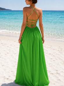 Robe fluide vert forêt à bretelles spaghetti et dos nu pour femmes, robe élégante pour vacances d'été, plage, resort, fête de vacances et festival - Vert - Voir 6