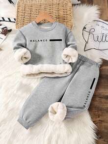 Baby Boy Letter Print Warm Crew Neck Long Sleeve Top And Pants Set - Grey - View 1
